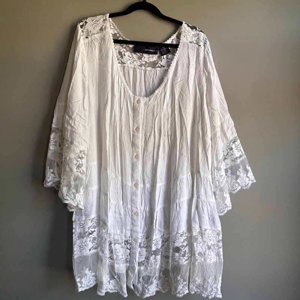 Denim 24/7 White Lace Tiered Button Front Tunic Top Blouse 30W Boho Bell Sleeve